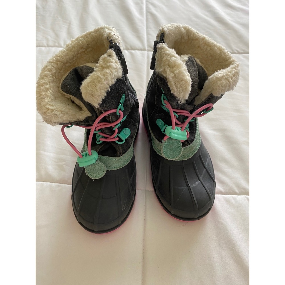 Cat & Jack Snow Boots Girls 11 Black Pink Winter Thermolite Faux Fur